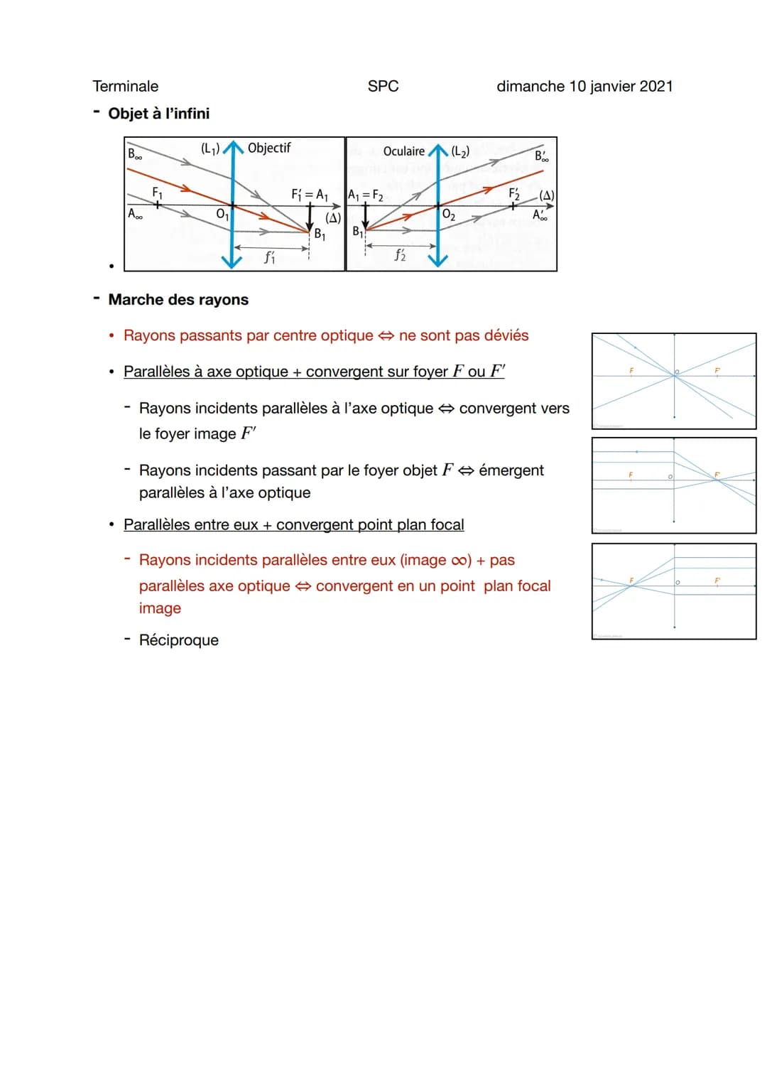 Terminale
SPC
dimanche 10 janvier 2021
Rappels optique
Sujet général
- Foyer et focale
- Foyer image et objet: Symétriques + OF = OF'
- Dist