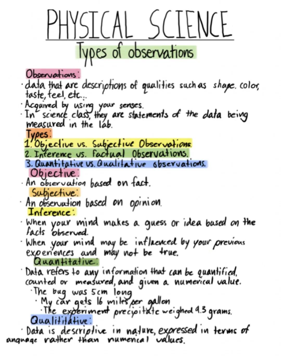 # PHYSICAL SCIENCE

## Types of observations

Observations:
*   data that are descriptions of qualities such as shape, color,
taste, feel, e