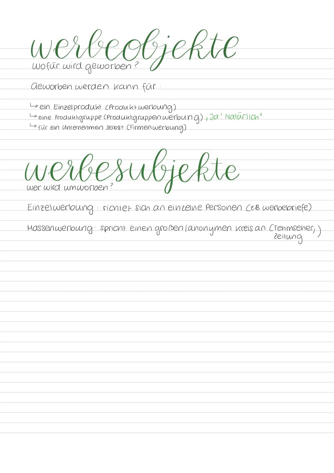 werbeobjekte

wofür wird geworben?

Aeworben werden kann für:

- ein Einzelprodukt (Produkt werbung)
- eine Produktgruppe (Produktgruppen we