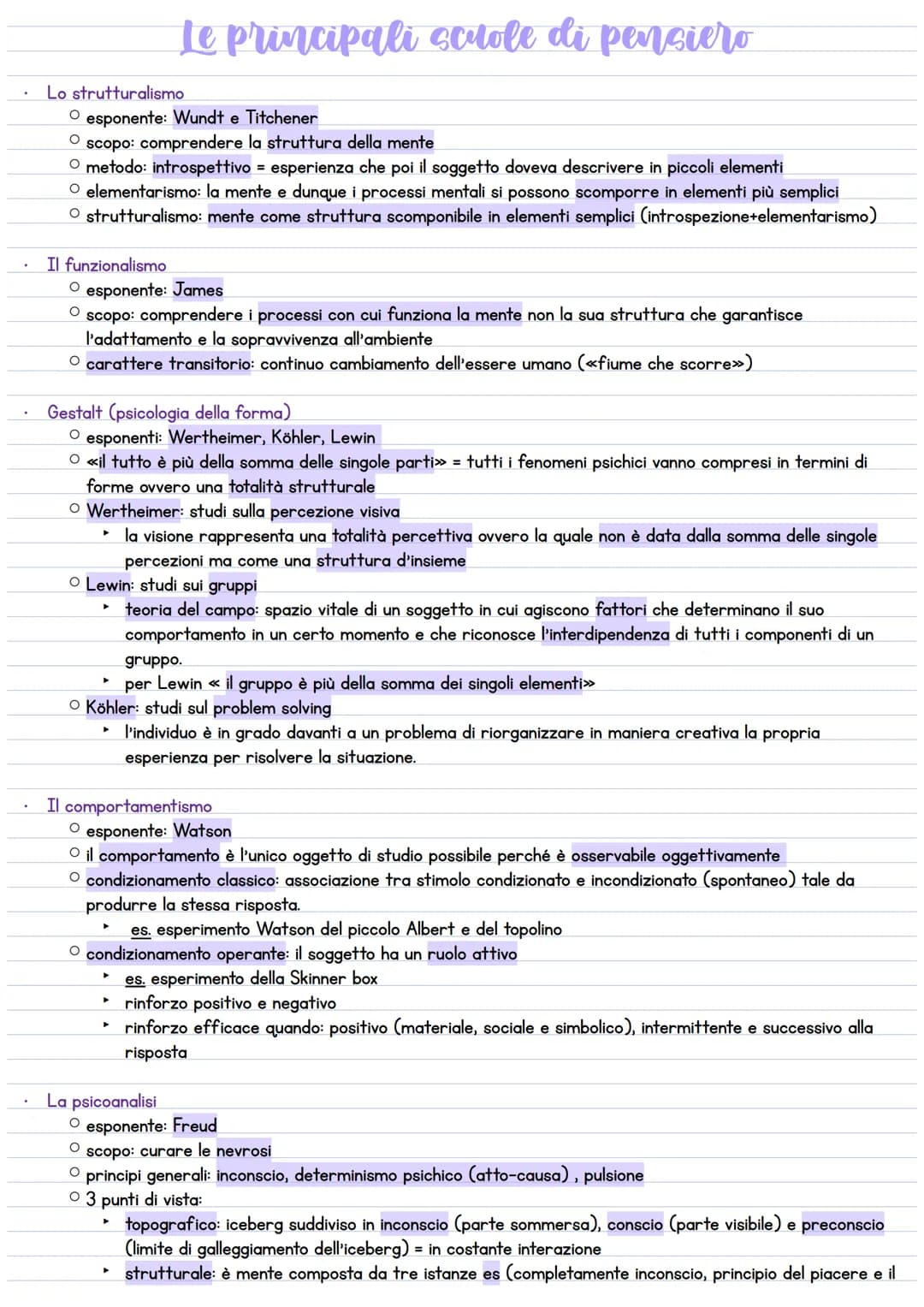 # Le principali solole di pensiero

- Lo strutturalismo
  - O esponente: Wundt e Titchener
  - O scopo: comprendere la struttura della mente