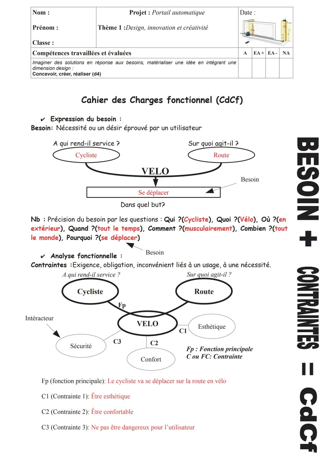 Nom:

Prénom:

Classe:

Projet: Portail automatique

Thème 1: Design, innovation et créativité

Date:

Compétences travaillées et évaluées

