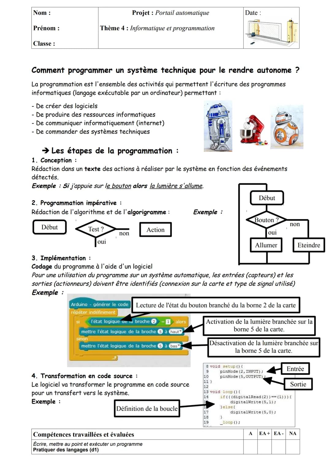 Nom:

Prénom:

Classe:

Projet: Portail automatique

Thème 1: Design, innovation et créativité

Date:

Compétences travaillées et évaluées

