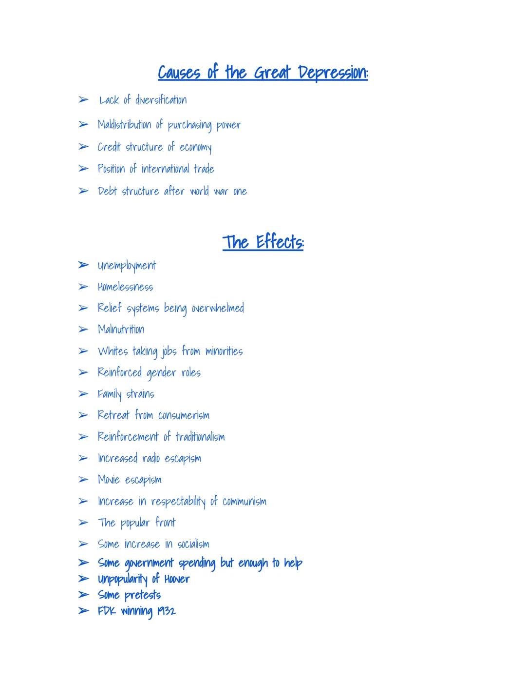 Causes of the Great Depression:

➤ Lack of diversification

➤ Maldistribution of purchasing power
Credit structure of economy
➤ Position of 
