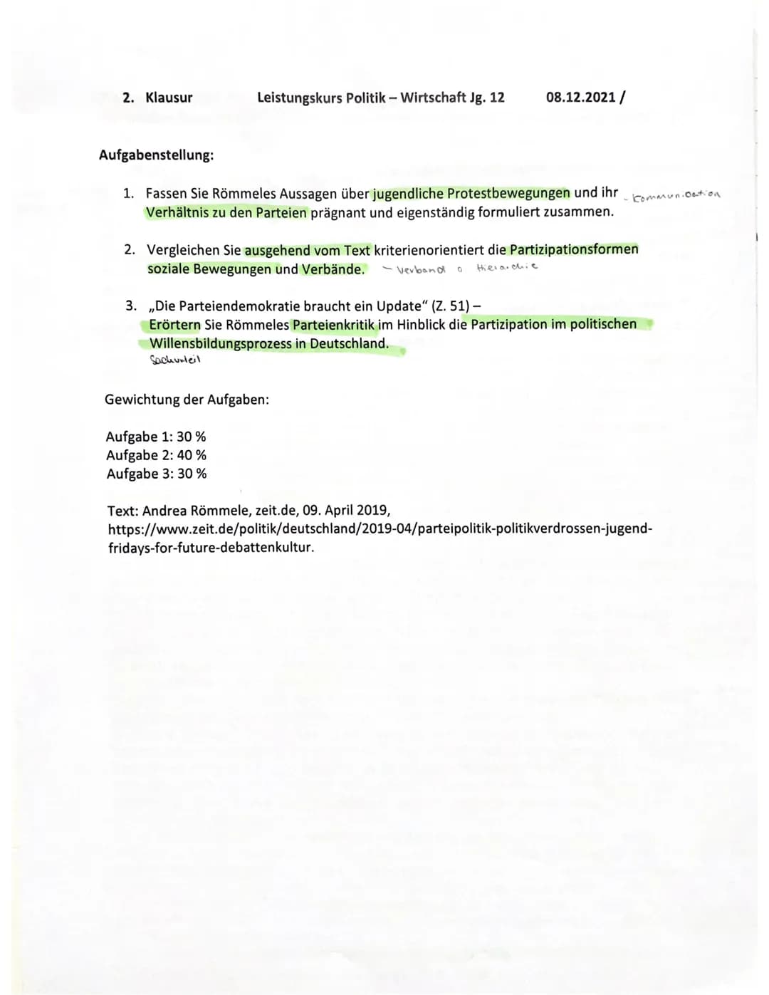 2. Klausur
Leistungskurs Politik - Wirtschaft Jg. 12 08.12.2021/

Aufgabenstellung:

1.  Fassen Sie Römmeles Aussagen über jugendliche Prote