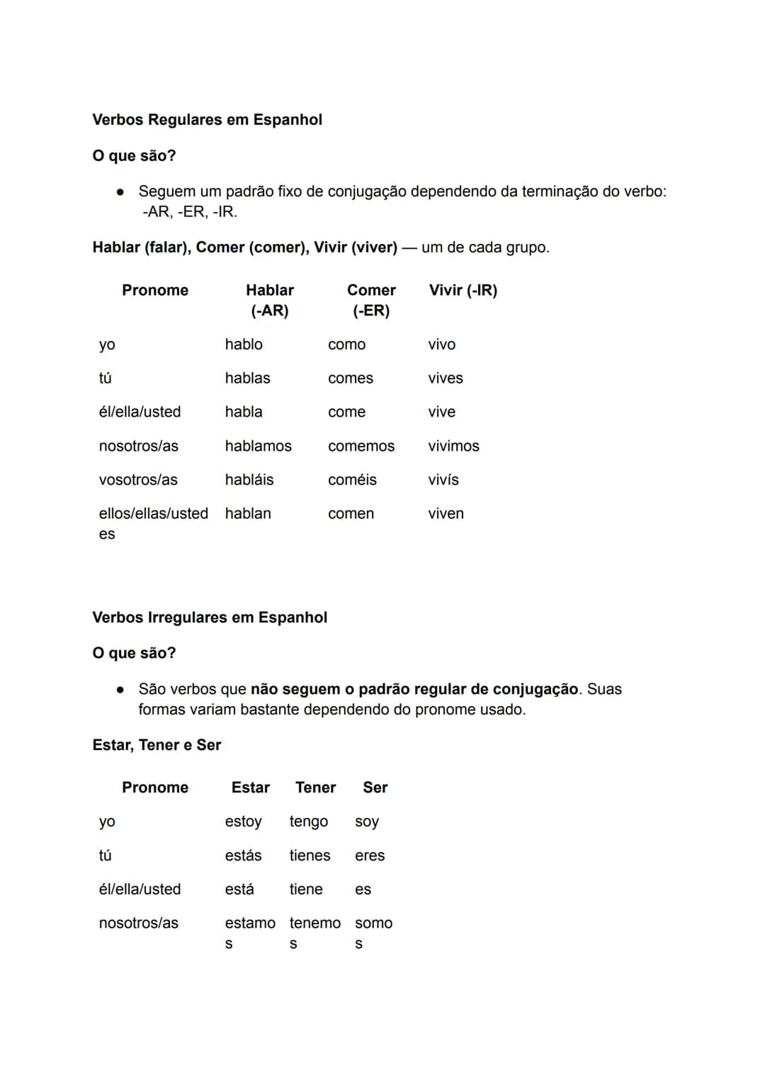 # Verbos Regulares em Espanhol

## O que são?

- Seguem um padrão fixo de conjugação dependendo da terminação do verbo:
- -AR, -ER, -IR.

Ha