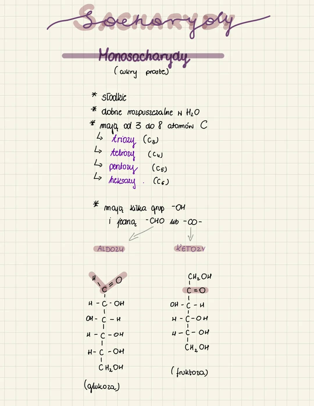 Sochoryoly

Monosacharydy
(wkry proste)

* słodkie
* dobne rozpuszczalne w H₂O
* mają od 3 do 8 atomón C
L↳ triozy (Ca)
↳ tetrory (Cu)
↳ pen