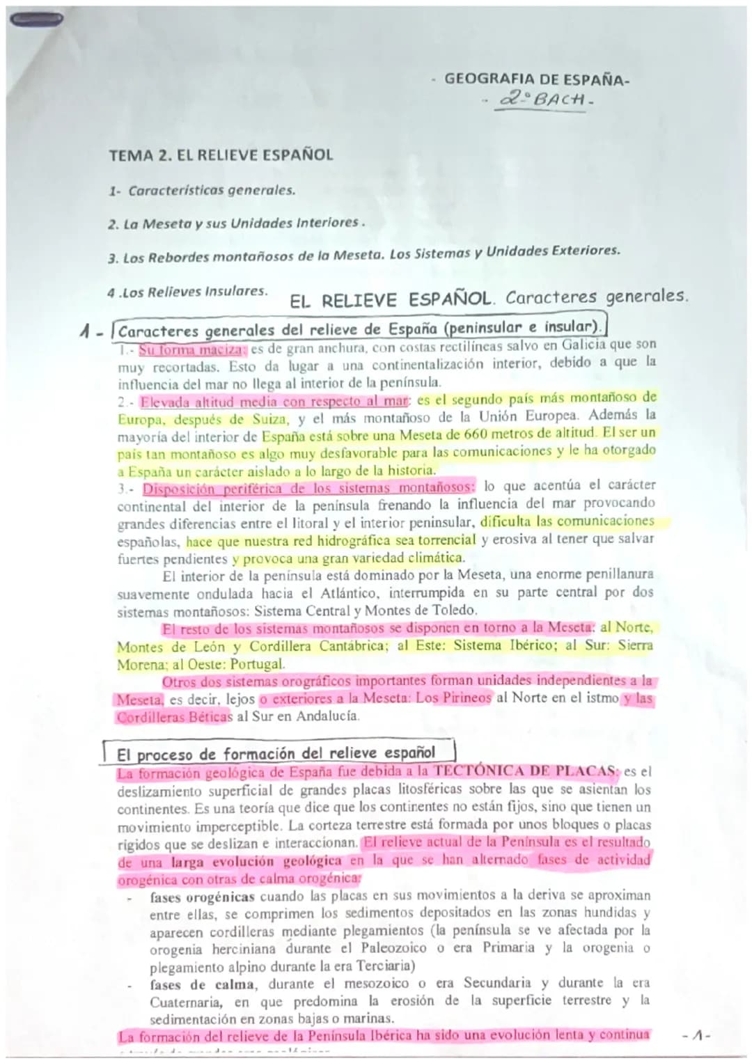 - GEOGRAFIA DE ESPAÑA-
2 BACH.

TEMA 2. EL RELIEVE ESPAÑOL

1- Características generales.

2. La Meseta y sus Unidades Interiores.

3. Los R