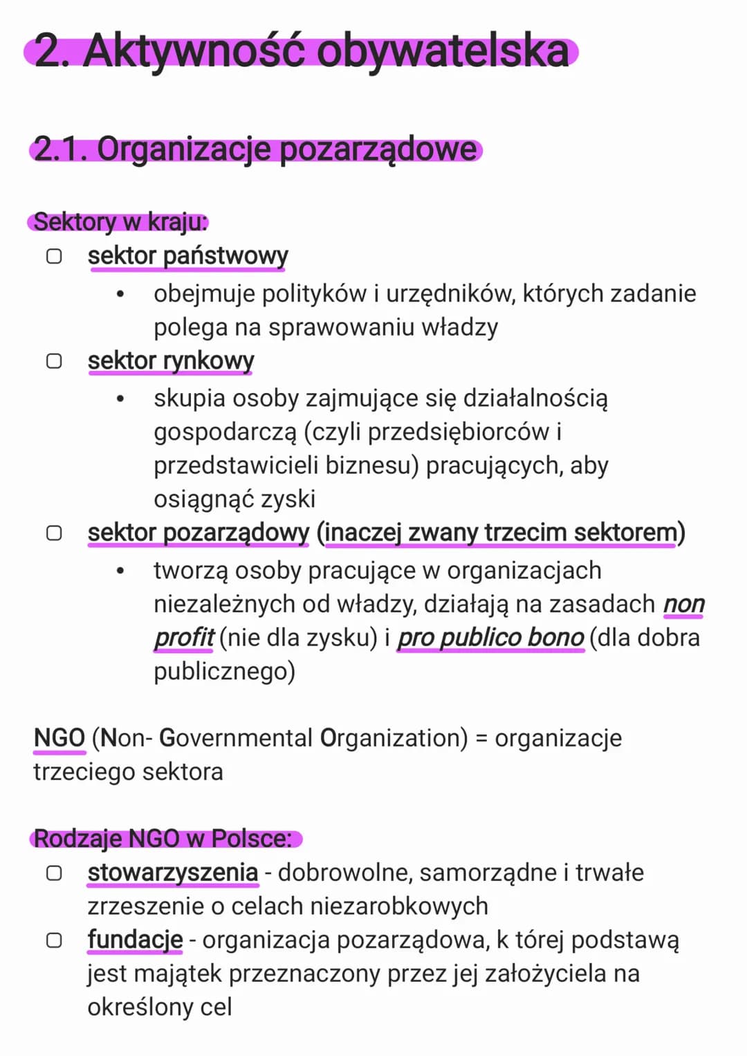 ## 2. Aktywność obywatelska

### 2.1. Organizacje pozarządowe

Sektory w kraju:

*   sektor państwowy
    *   obejmuje polityków i urzędnikó