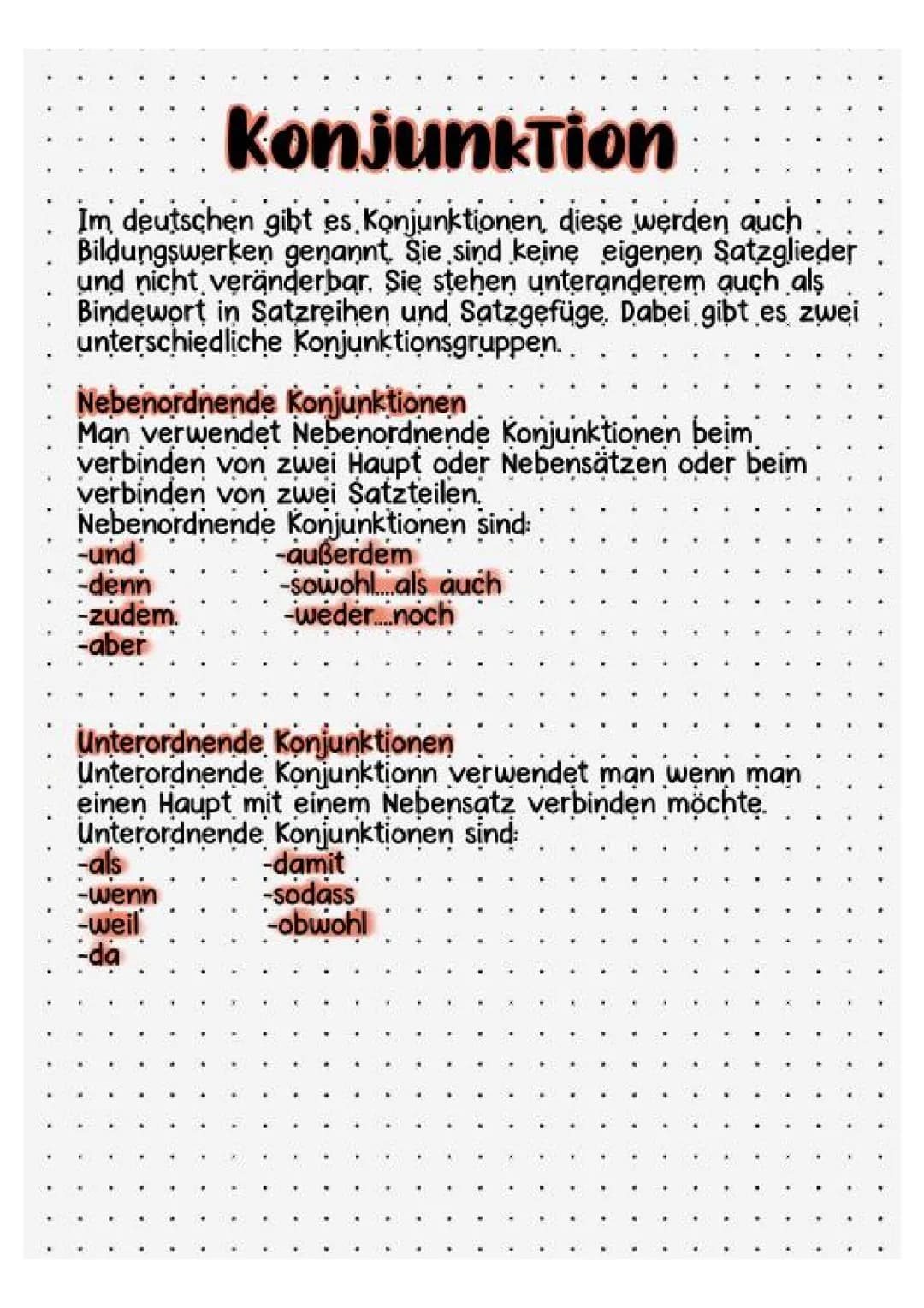 # Konjunktion

Im deutschen gibt es Konjunktionen, diese werden auch
Bildungswerken genannt. Sie sind keine eigenen Satzglieder
und nicht ve