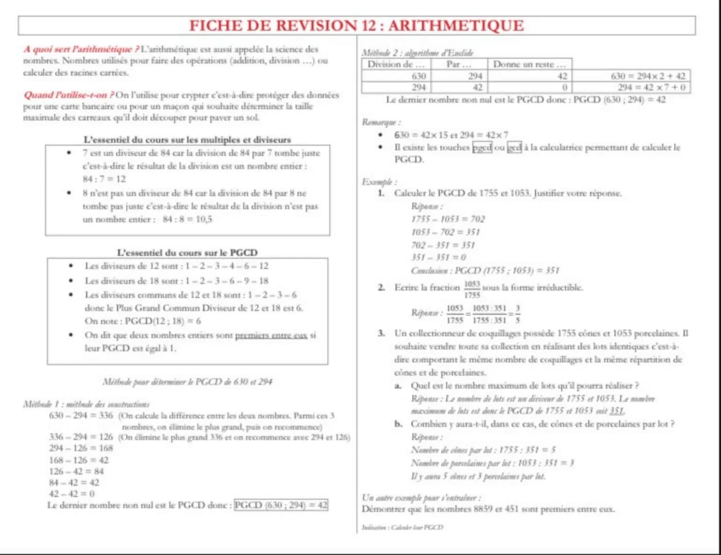 # FICHE DE REVISION 12: ARITHMETIQUE

A quoi sert l'arithmétique ? L'arithmétique est aussi appelée la science des
nombres. Nombres utilisés