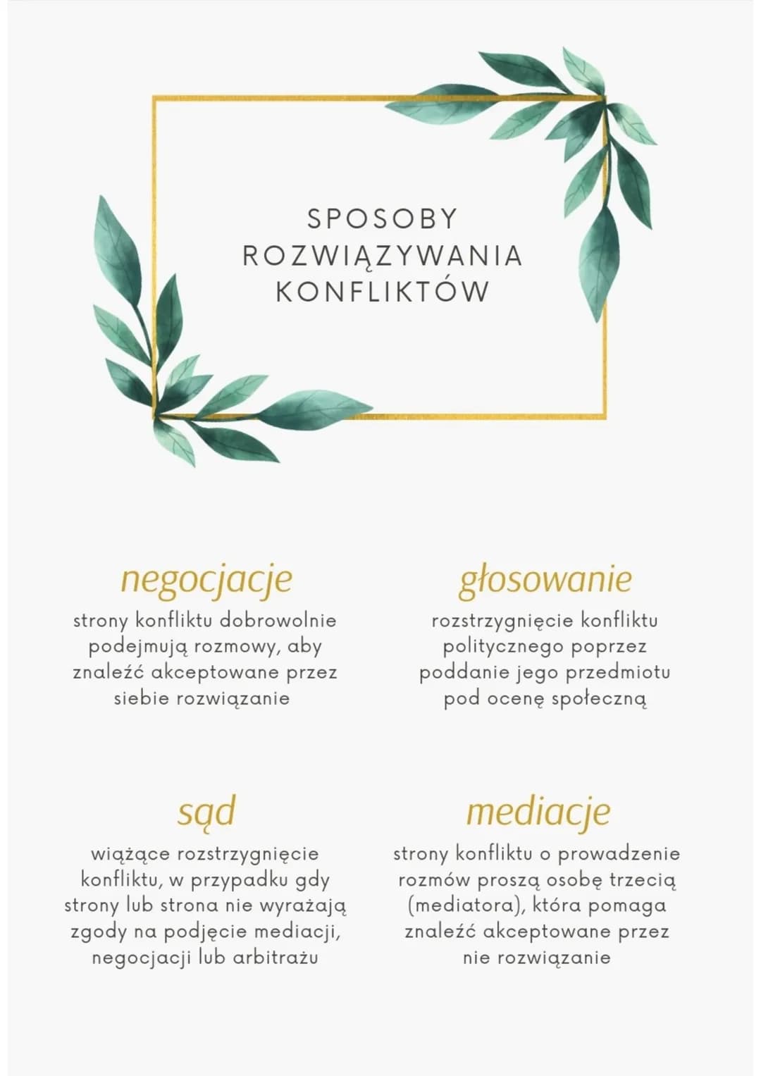 SPOSOBY
ROZWIĄZYWANIA
KONFLIKTÓW

negocjacje
strony konfliktu dobrowolnie
podejmują rozmowy, aby
znaleźć akceptowane przez
siebie rozwiązani