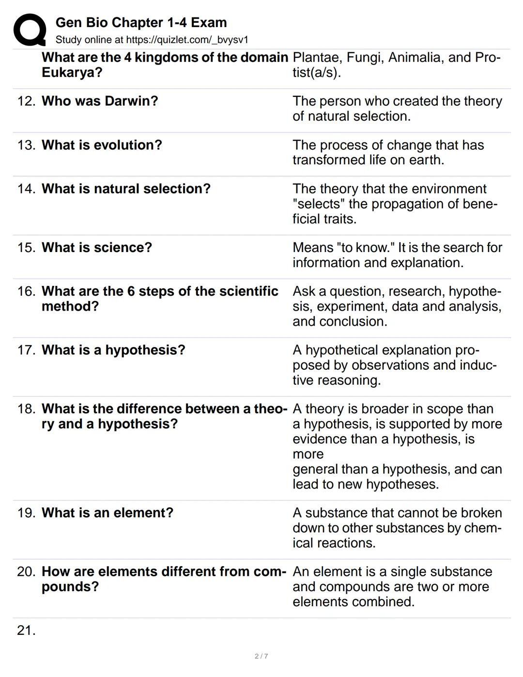 # Gen Bio Chapter 1-4 Exam
Study online at https://quizlet.com/_bvysv1

1. What is biology? The scientific study of life.

2. What are emerg