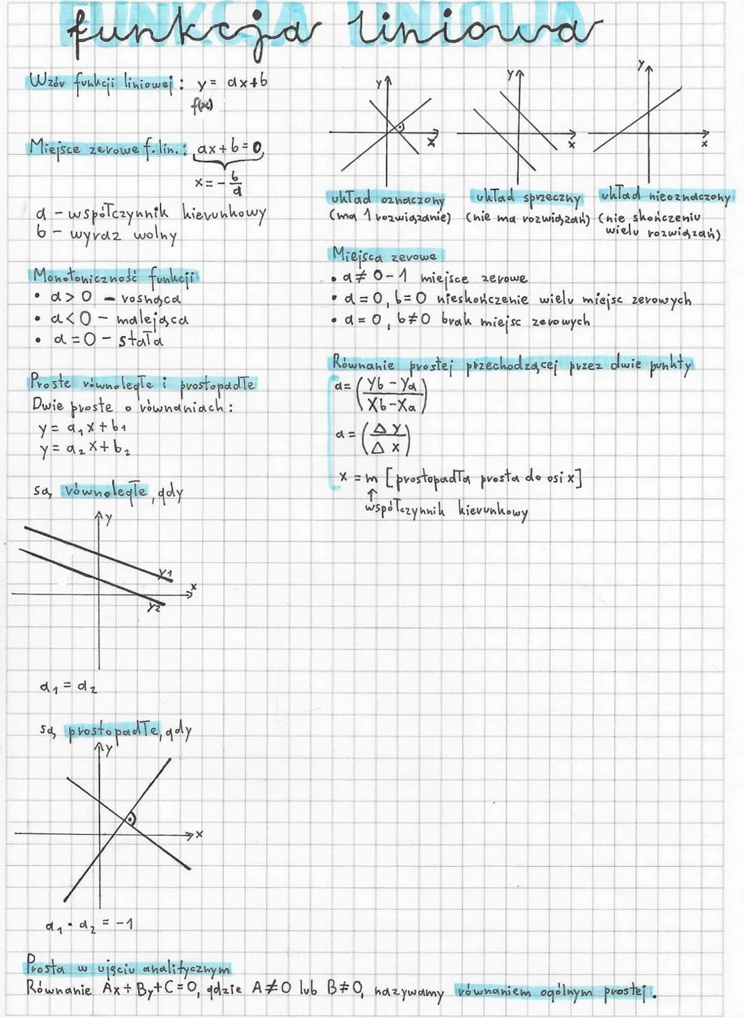 # funkcja liniowa

Wzór funkcji liniowej: y=ax+b
f(x)

Miejsce zerowe f. lin.: ax+b=0,

x=-$\\frac{b}{a}$

a- współczynnik kierunkowy
6- wyr