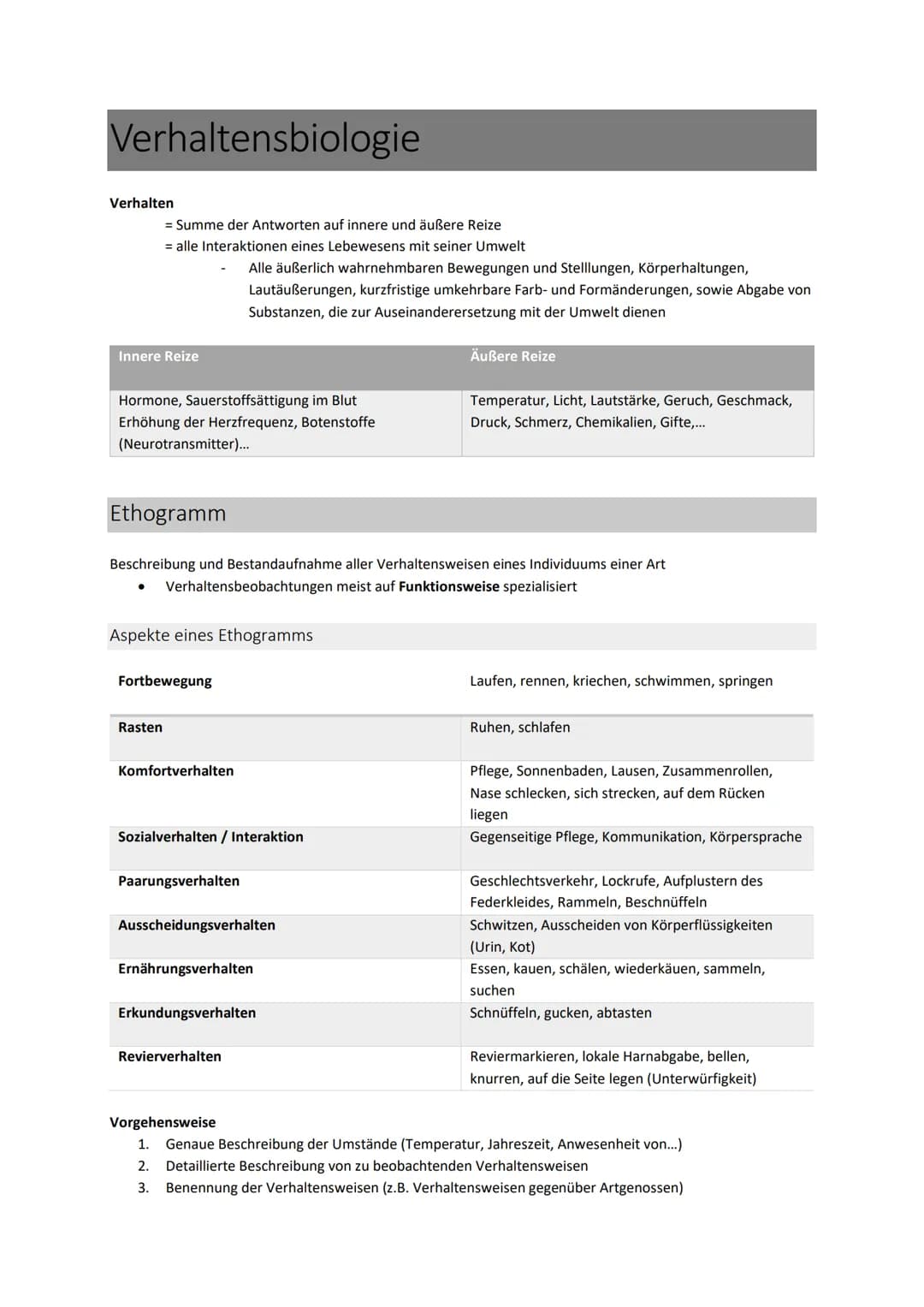 # Verhaltensbiologie

Verhalten

= Summe der Antworten auf innere und äußere Reize

= alle Interaktionen eines Lebewesens mit seiner Umwelt
