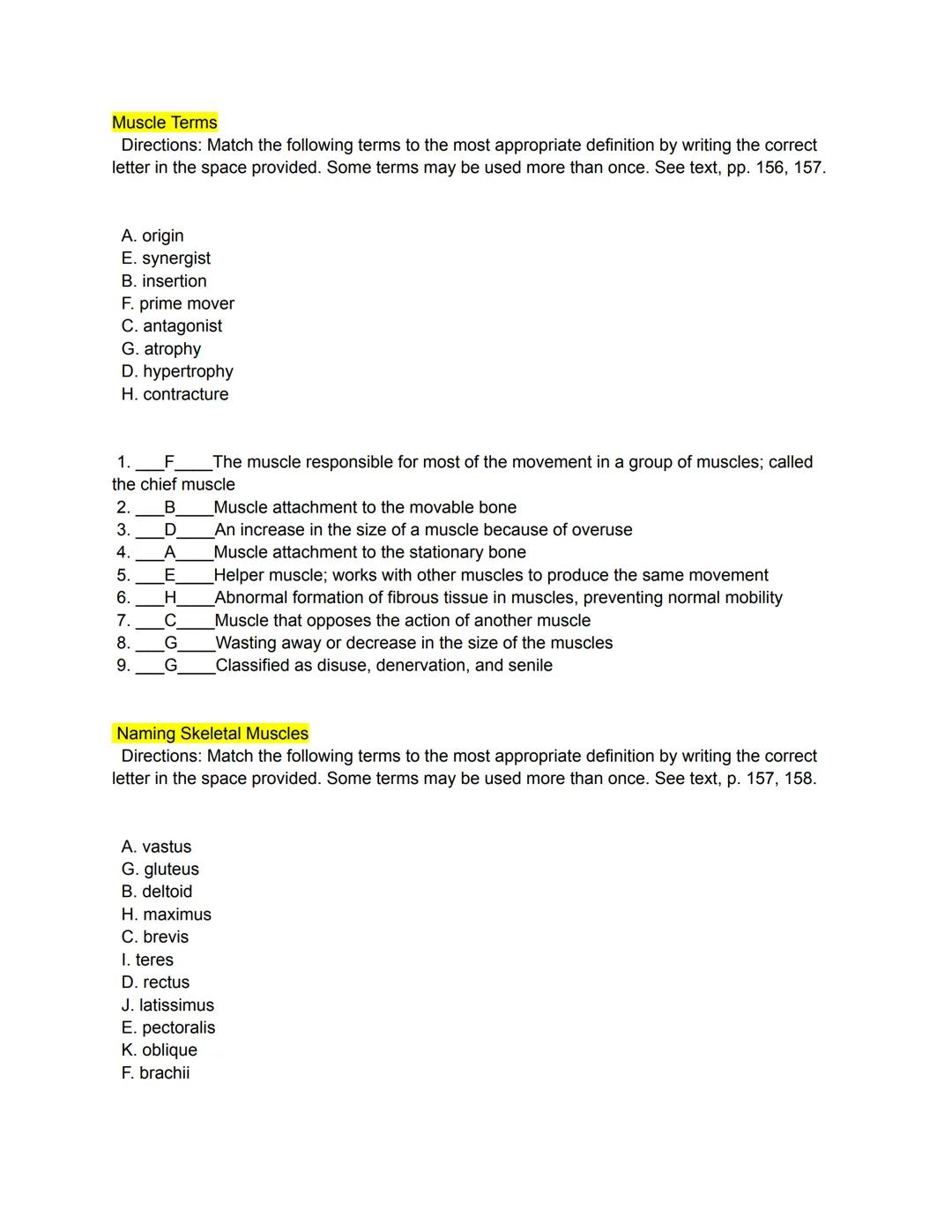 # Types of Muscles
Directions: Match the following terms to the most appropriate definition by writing the correct
letter in the space provi