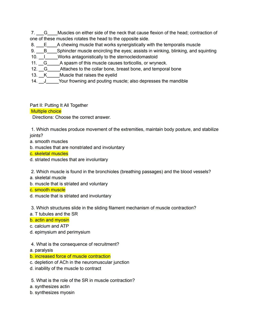 # Types of Muscles
Directions: Match the following terms to the most appropriate definition by writing the correct
letter in the space provi