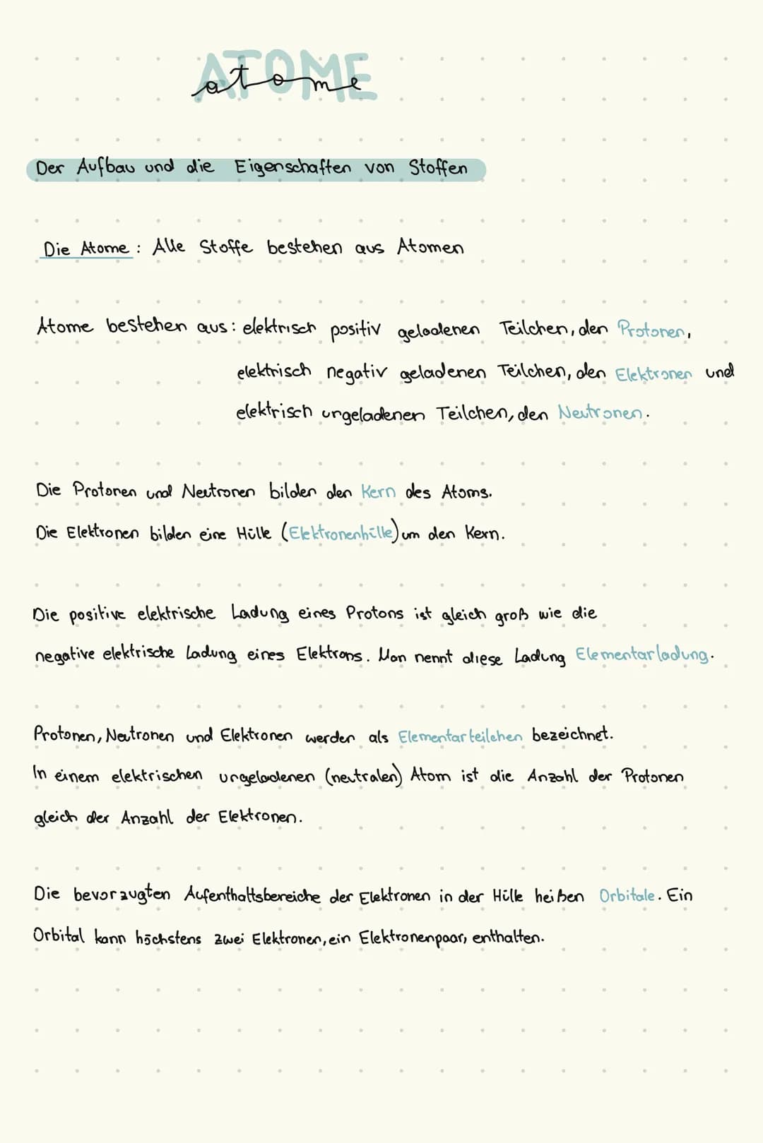 # ATOME

Der Aufbau und die Eigenschaften von Stoffen

Die Atome: Alle Stoffe bestehen aus Atomen

Atome bestehen aus: elektrisch positiv ge