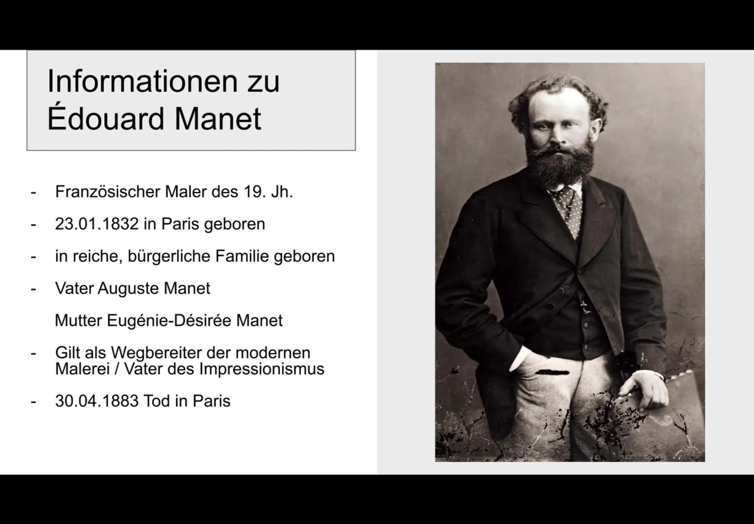 Édouard Manet

Impressionismus

Lilly Gerlach 24.01.2023 # Inhaltsverzeichnis

1. Allgemeine Informationen über
Edouard Manet

1. Lebenslauf