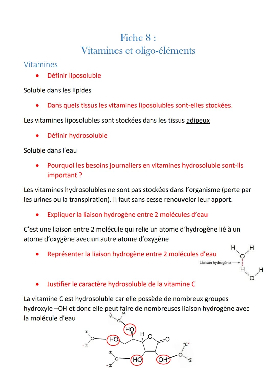# Vitamines
Fiche 8:
Vitamines et oligo-éléments

- Définir liposoluble

Soluble dans les lipides

- Dans quels tissus les vitamines liposol