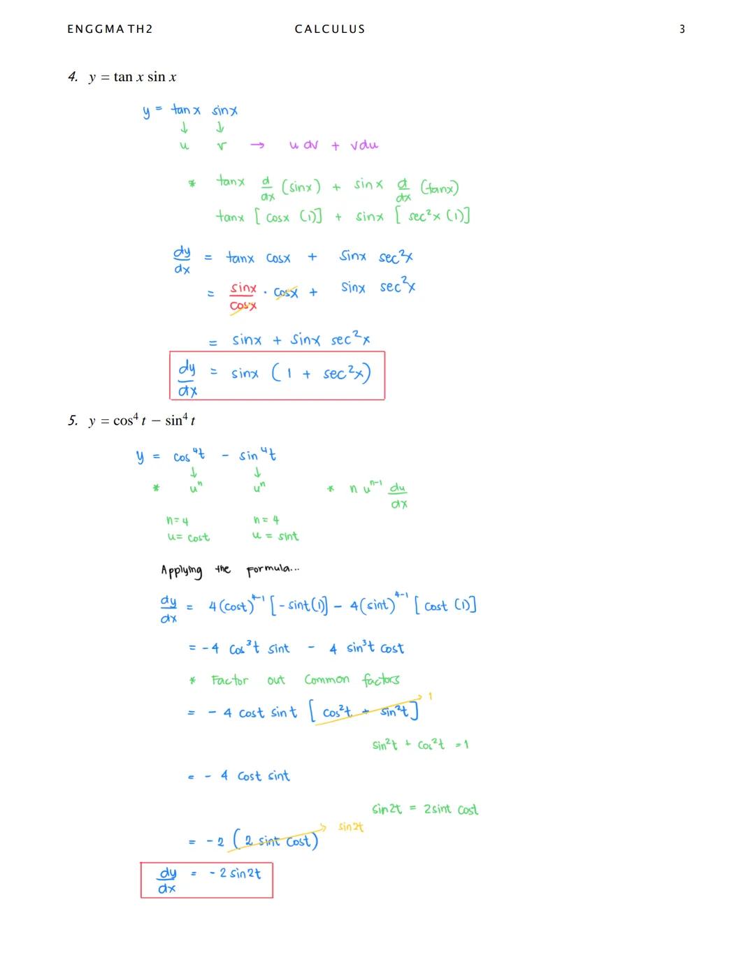 ENGGMA TH2
CALCULUS
1
DERIVATIVE OF TRIGONOMETRIC
FUNCTIONS
$\frac{d}{dx}$ sin $u$ = cos $u$ $\frac{du}{dx}$
$\frac{d}{dx}$ cos $u$ = - sin 