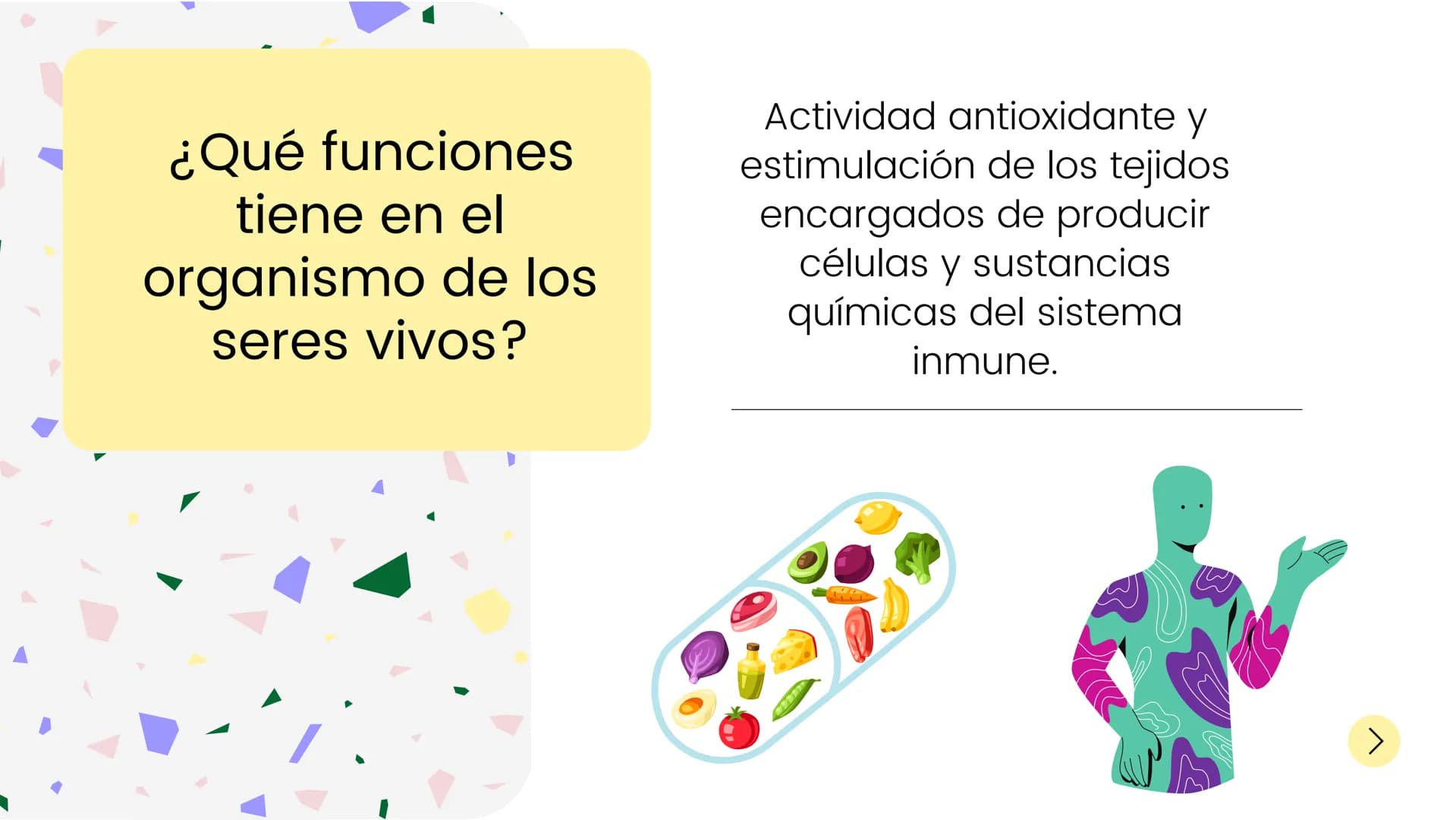 # VITAMINAS

# LIPOSOLUBLES ¿Qué funciones
tiene en el
organismo de los
seres vivos?

Actividad antioxidante y
estimulación de los tejidos
e