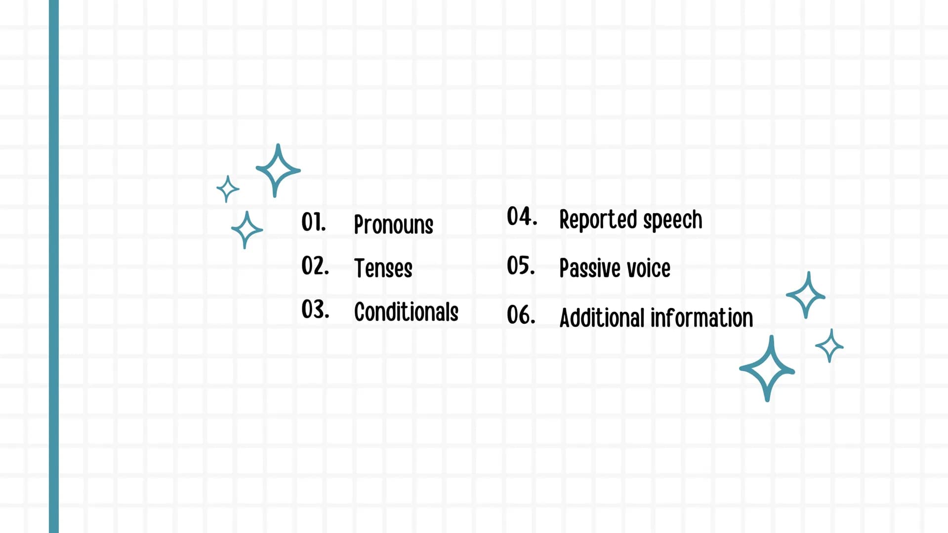 # ENGLISH
# NOTEBOOK 01. Pronouns
04. Reported speech
02. Tenses
05. Passive voice
03. Conditionals
06. Additional information * 01. PRONOUN
