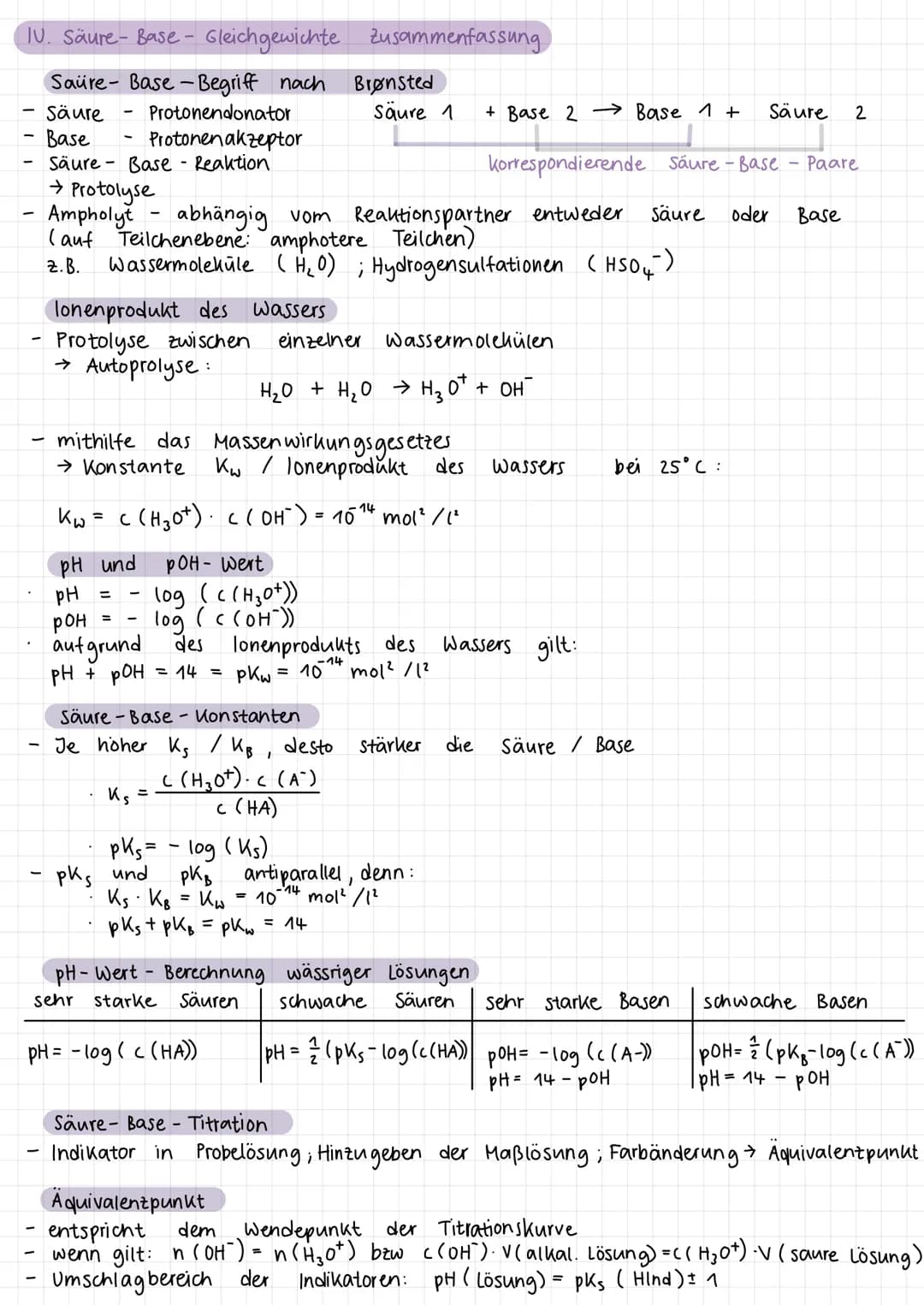 IV. Säure-Base-Gleichgewichte zusammenfassung

Saüre-Base-Begriff nach Brønsted

- Säure - Protonendonator Säure 1 + Base 2 → Base 1+ Säure 