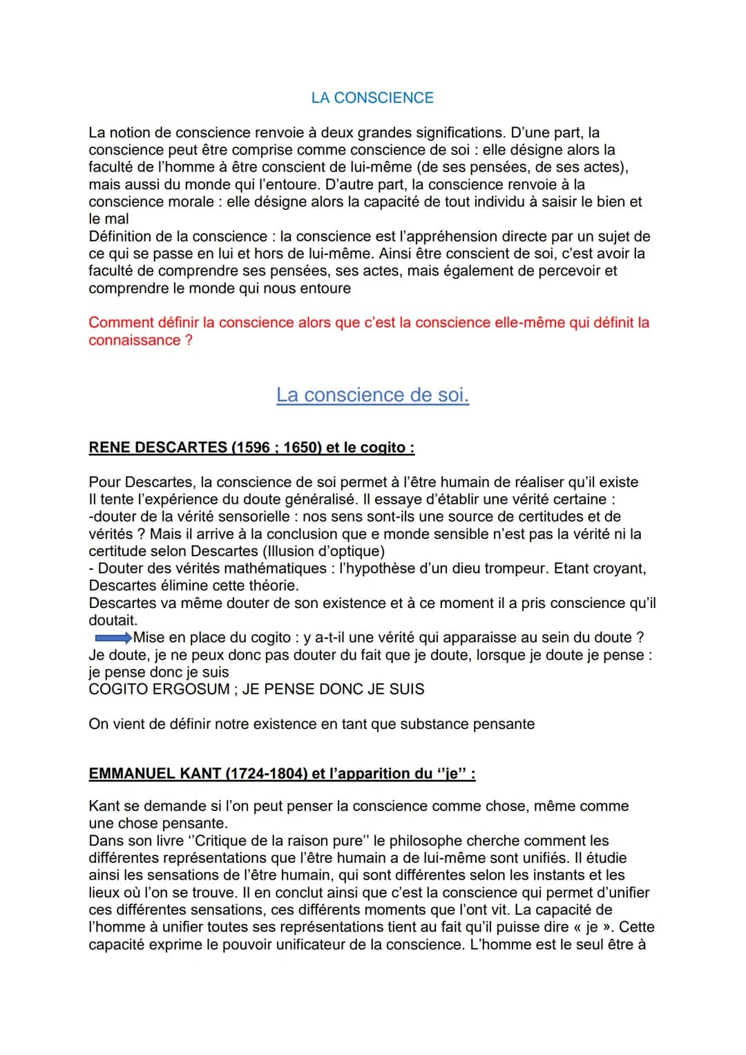 # LA CONSCIENCE

La notion de conscience renvoie à deux grandes significations. D'une part, la
conscience peut être comprise comme conscienc