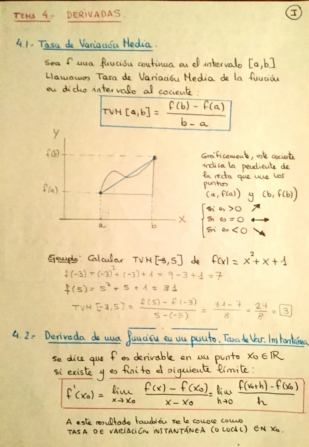 TEMA 4- DERIVADAS.

4.1- Tasa de Variación Media.

Sea f una funcióu continua en el intervalo [a, b]
Llamamos Tasa de Variacióu Media de la 