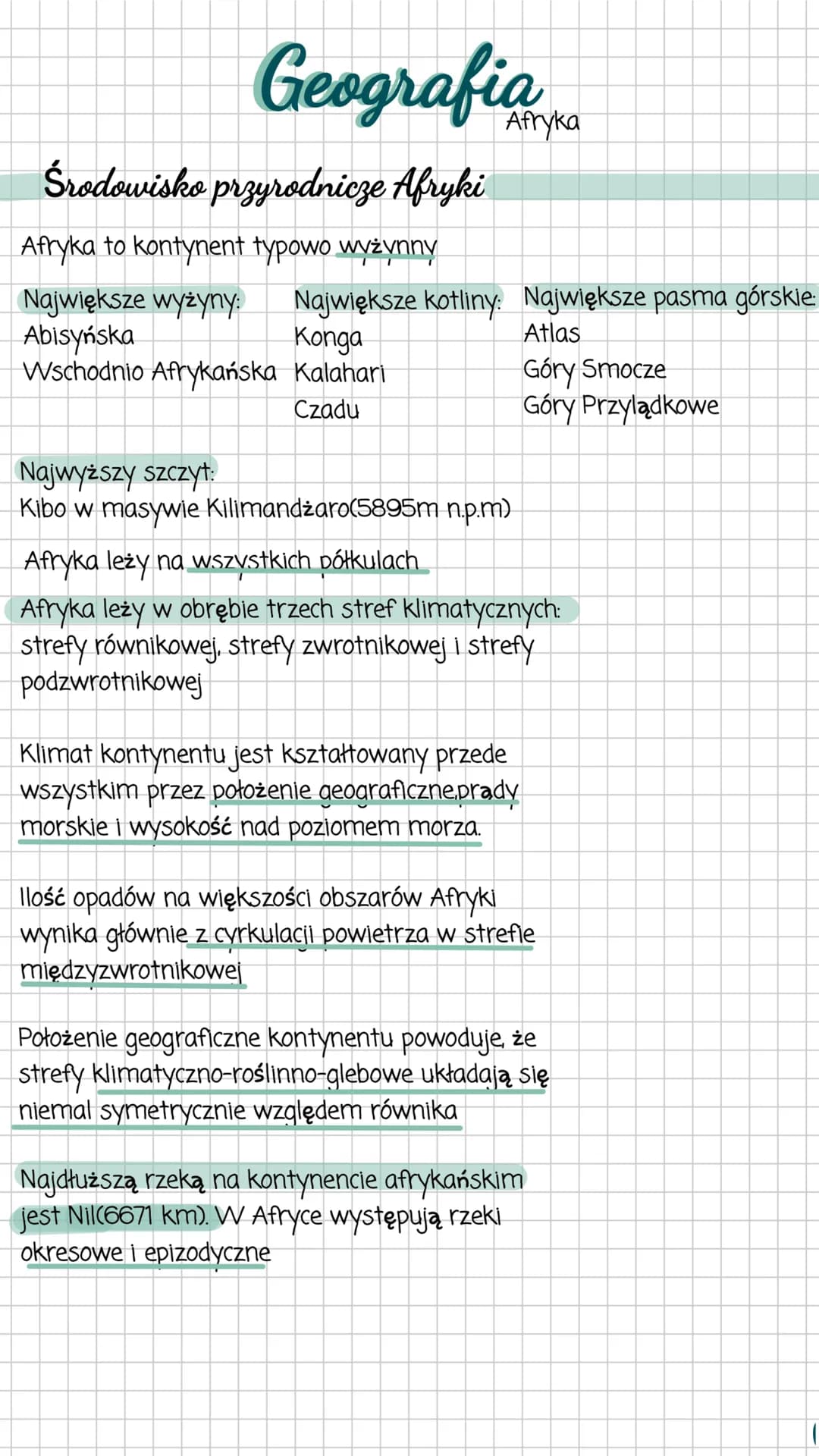# Geografia

Środowisko przyrodnicze Afryki

Afryka to kontynent typowo wyżynny

Największe wyżyny: Największe kotliny: Największe pasma gór