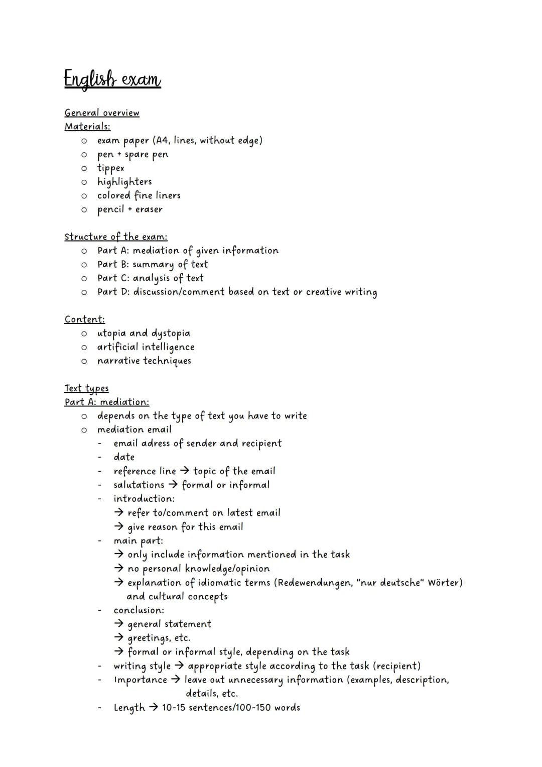 # English exam

General overview

Materials:

O exam paper (A4, lines, without edge)

o pen + spare pen

o tippex

* highlighters

Ο colored