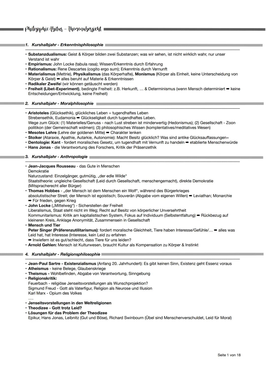 # Philosophic Abitur - Tharanubersicht

1. Kurshalbjahr - Erkenntnisphilosophie

- Substanzdualismus: Geist & Körper bilden zwei Substanzen;