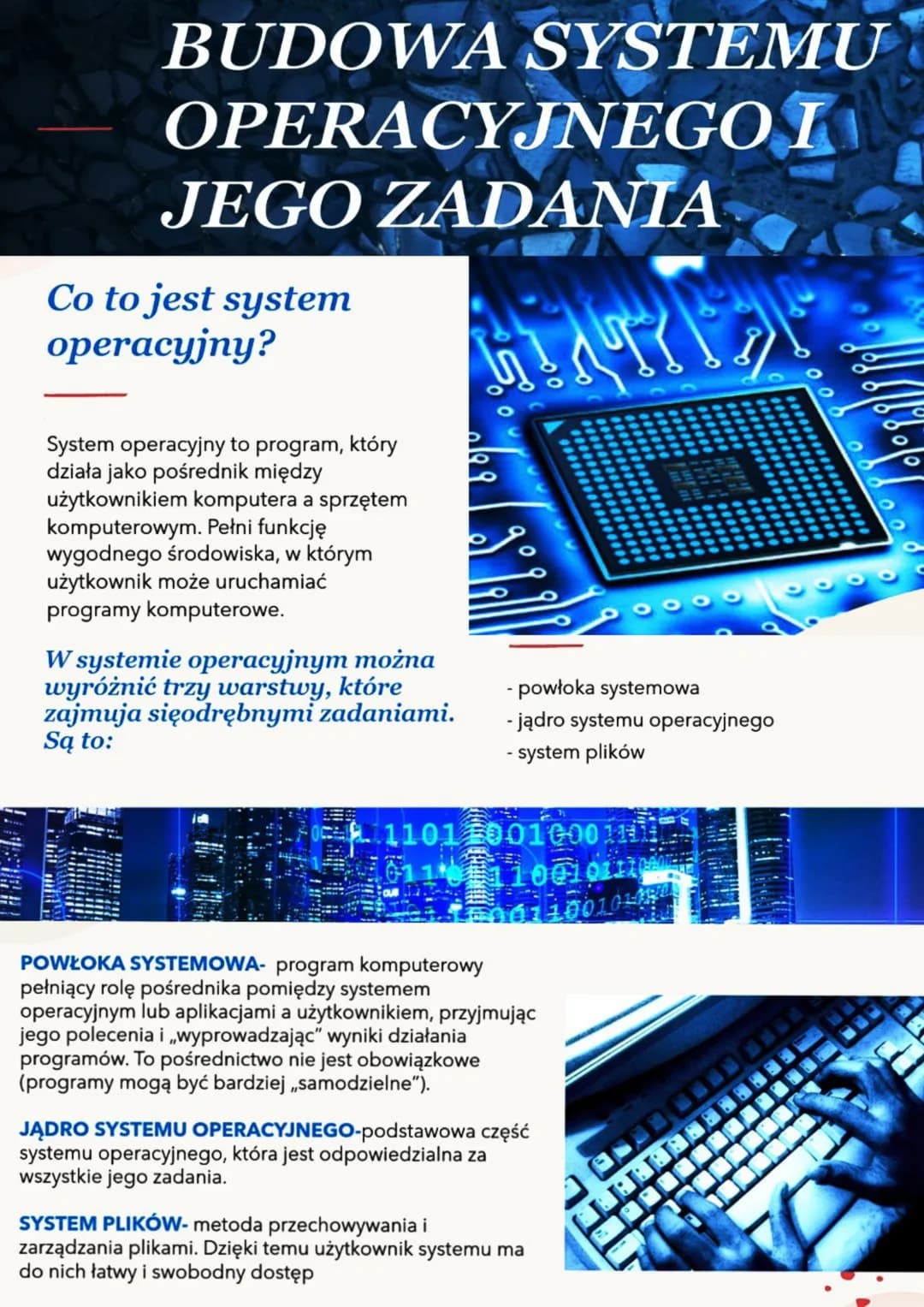 # BUDOWA SYSTEMU
OPERACYJNEGO I
JEGO ZADANIA

Co to jest system
operacyjny?

System operacyjny to program, który
działa jako pośrednik międz