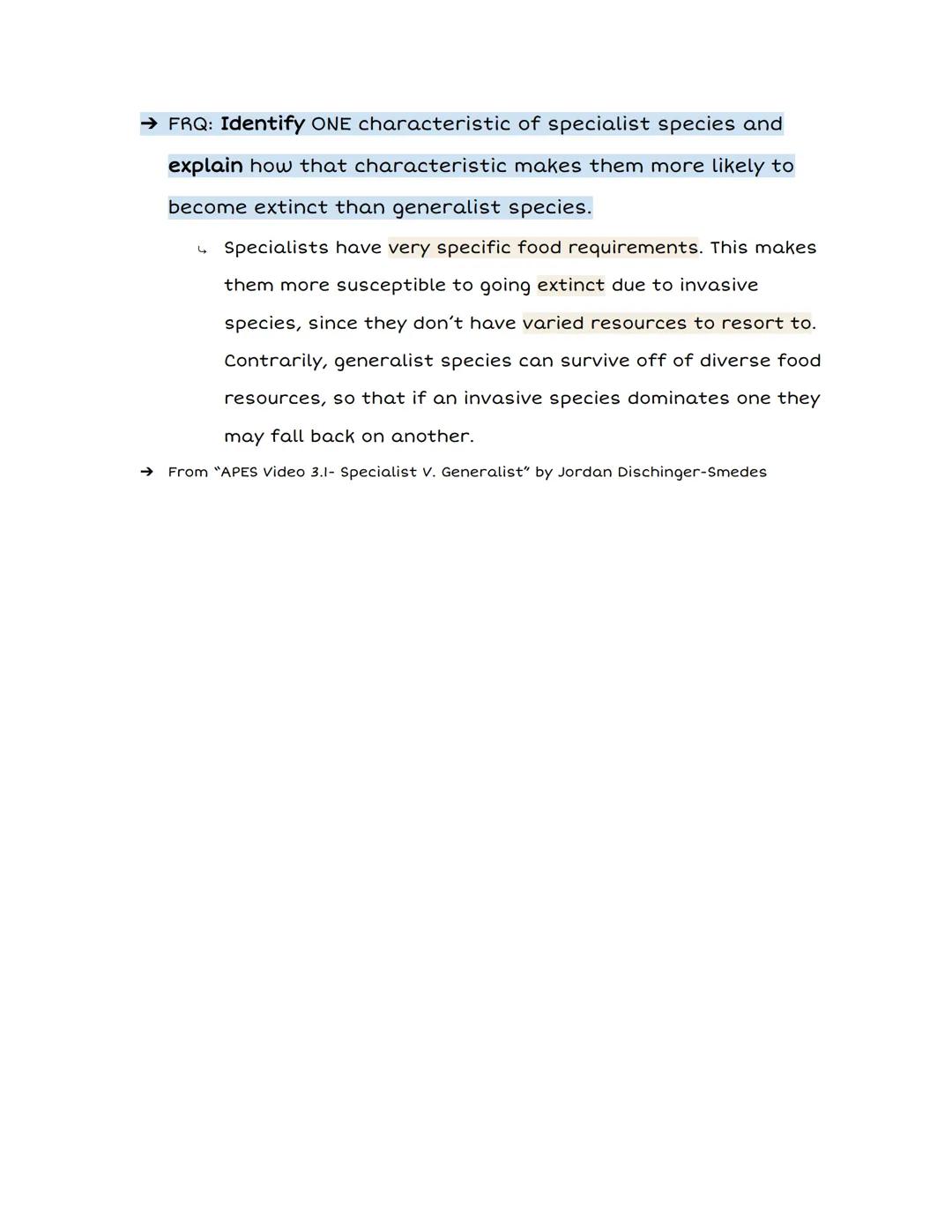 # 3.1: Specialist vs. Generalist

Species

Specialists
narrow niche
less adaptable because of specialized needs
more likely to become extinc