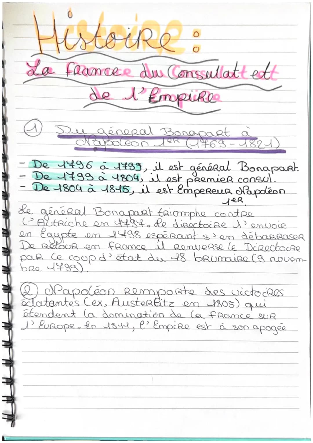 # Histoire :

La France du Consulat ett
de l'Empire

✔ Due géneral Bonapart à
Napoleon Jer (1769-1821)

- De 1796 à 1799, il est général Bon