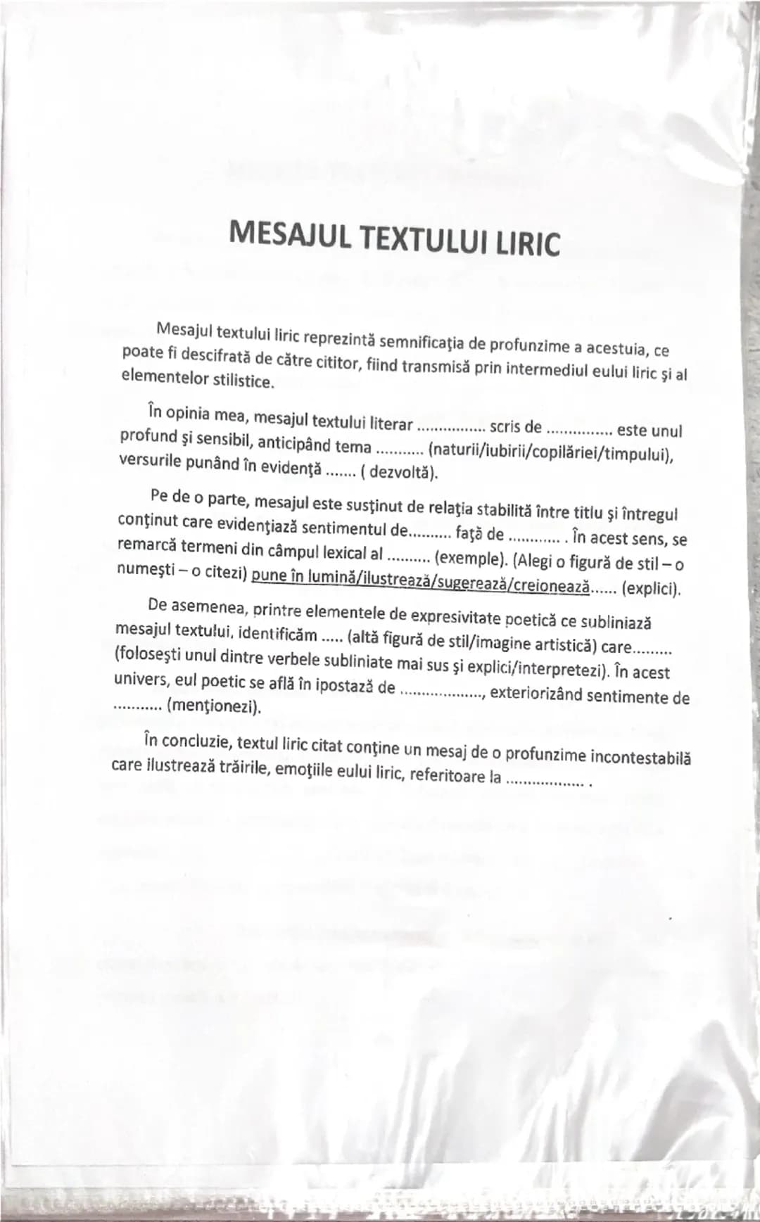 # MESAJUL TEXTULUI LIRIC

Mesajul textului liric reprezintă semnificaţia de profunzime a acestuia, ce
poate fi descifrată de către cititor, 