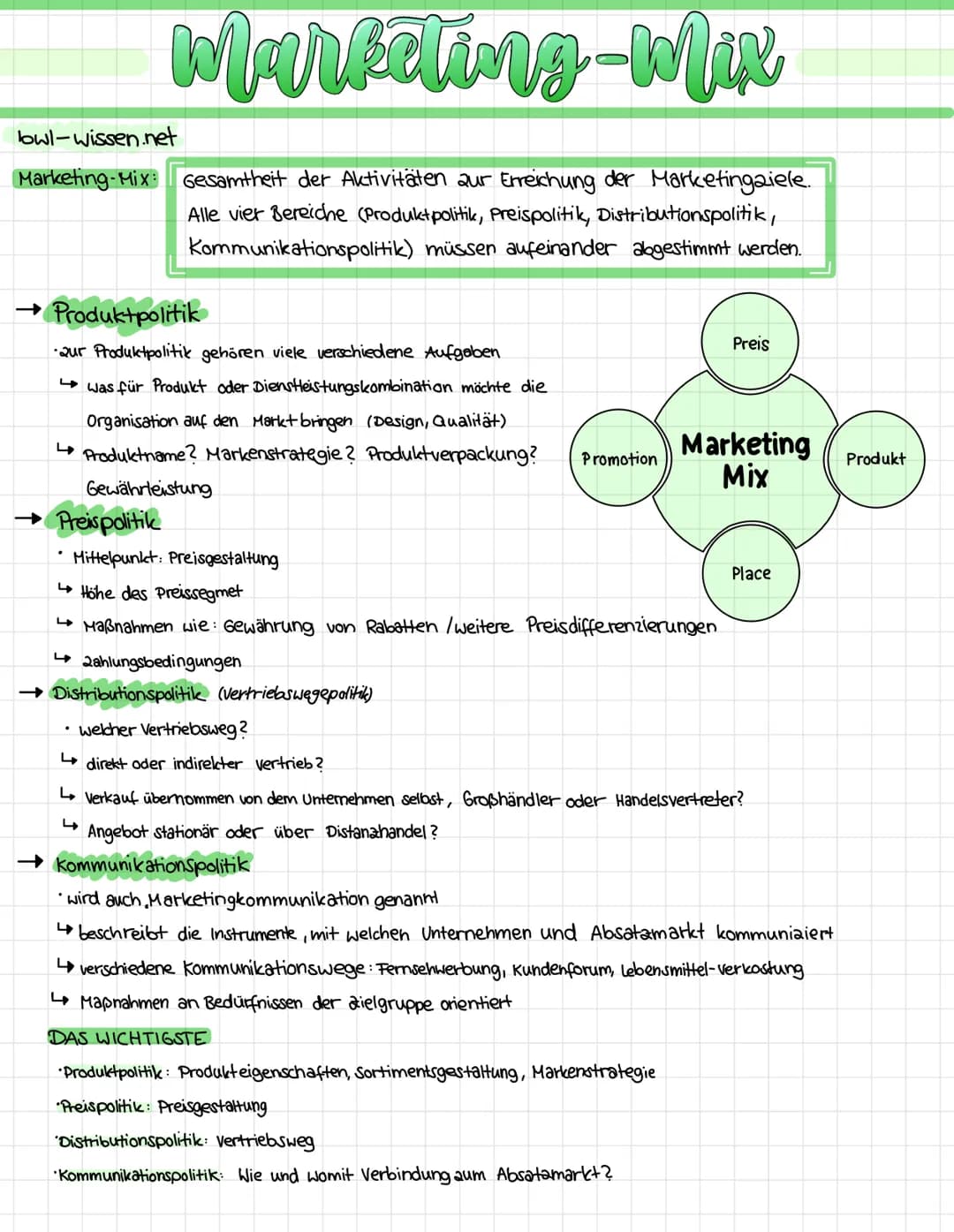 # Marketing-Mix

bwl-wissen.net

Marketing-Mix: Gesamtheit der Aktivitäten zur Erreichung der Marketingaiele.
Alle vier Bereiche (Produktpol