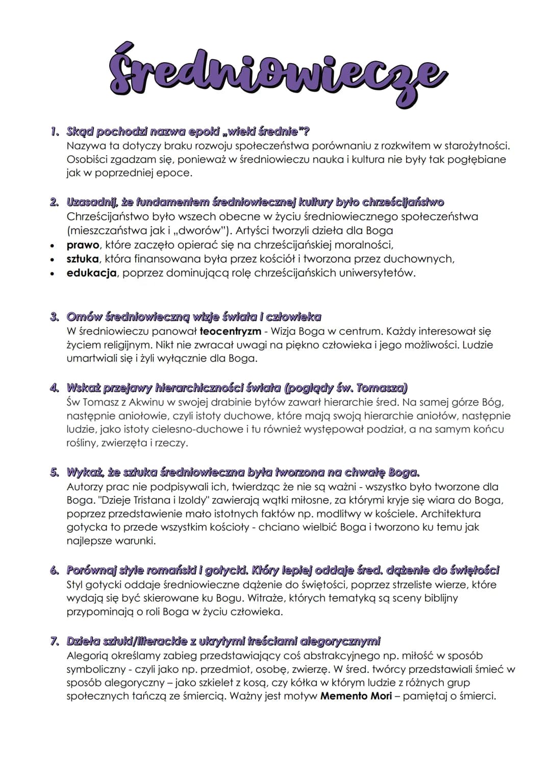 # Średniowiecze

1. Skąd pochodzi nazwa epoki „wieki średnie"?

Nazywa ta dotyczy braku rozwoju społeczeństwa porównaniu z rozkwitem w staro