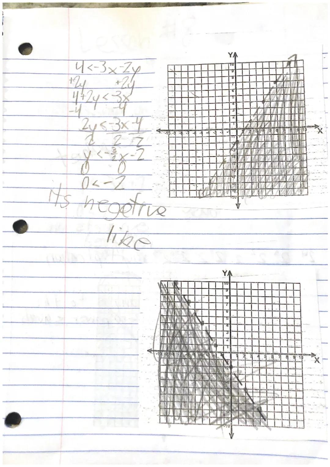 Lesson #7

-5x+6 <-4
-5x<-10
x>2

0
1 2 3 4
* multiply or divide by they #, swith
Sigh

¥22x-4

1) graph like linear
egation
≤ or straight l