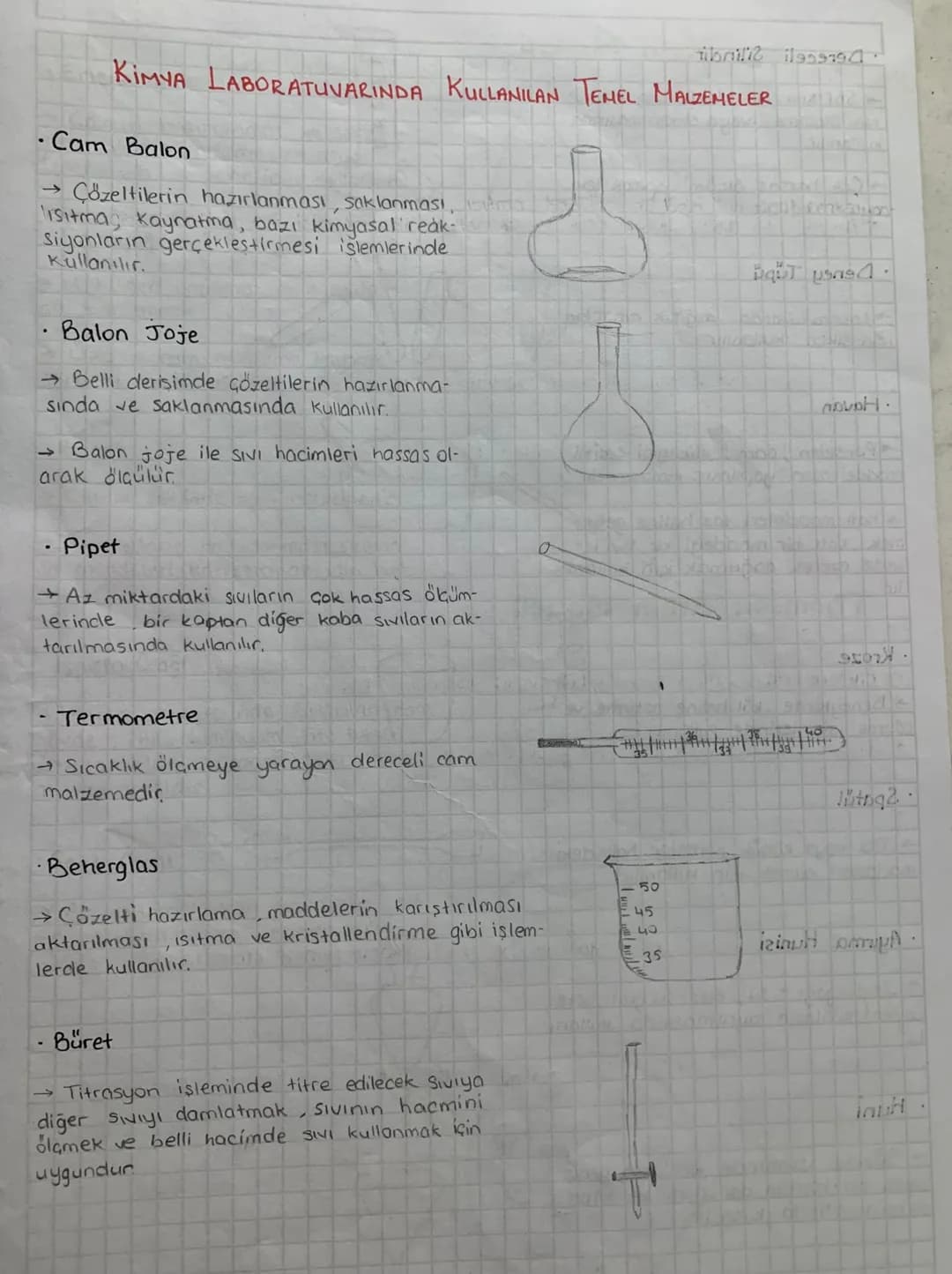 # KIMYA LABORATUVARINDA KULLANILAN TEMEL MALZEMELER A

• Cam Balon

→Çözeltilerin hazırlanması, saklanması,
Isıtma, kaynatma, bazı kimyasal 