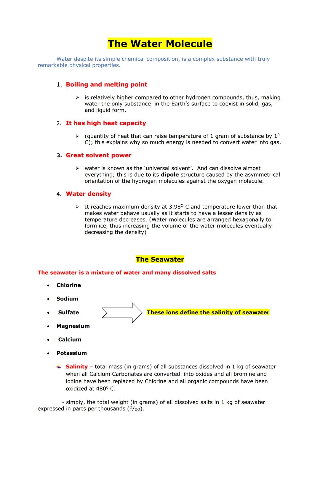 # The Water Molecule

Water despite its simple chemical composition, is a complex substance with truly
remarkable physical properties.

1. B