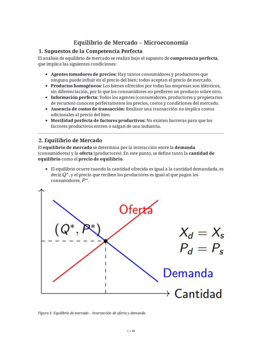 Equilibrio de Mercado - Microeconomía
1. Supuestos de la Competencia Perfecta
El análisis de equilibrio de mercado se realiza bajo el supues