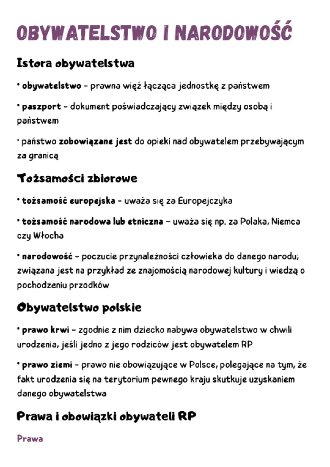 # OBYWATELSTWO I NARODOWOŚĆ

Istora obywatelstwa

*   obywatelstwo - prawna więź łącząca jednostkę z państwem

*   paszport - dokument poświ