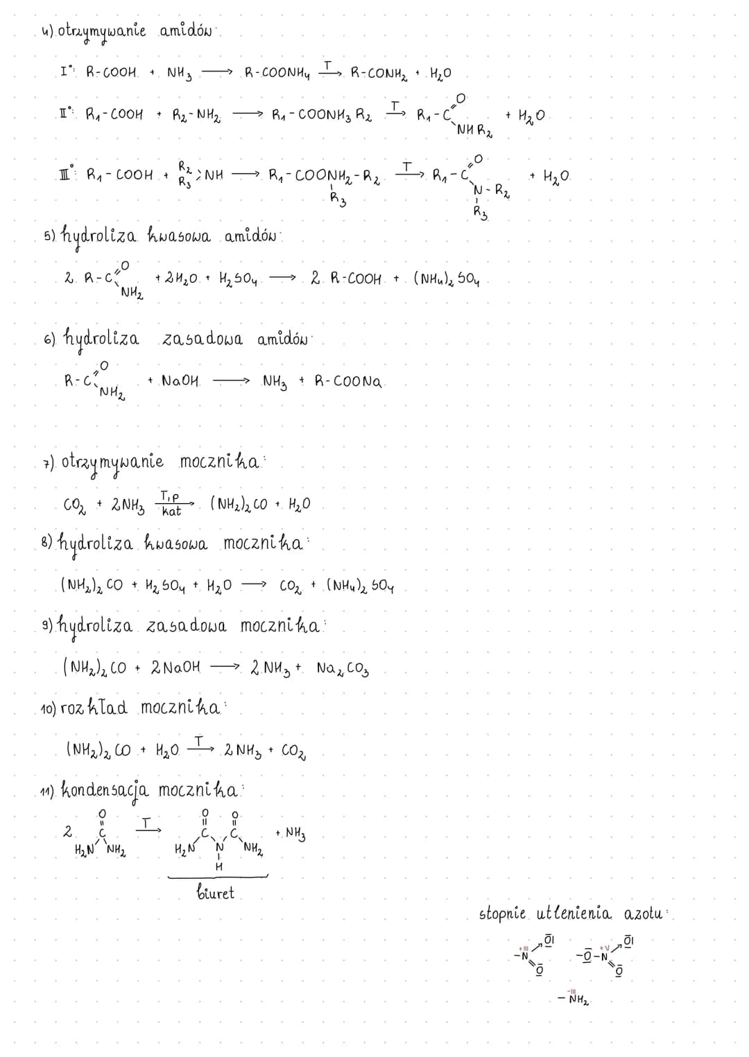 REAKCJE ~aminy amidy, mocznik

1) otrzymywanie amin:

I$^+$ R-X + NH3 → RNH3$^+$X$^-$

RNH3$^+$X$^-$+ NaOH → R-NH₂ + NaX+ H₂O

II$^+$ R₁-X +
