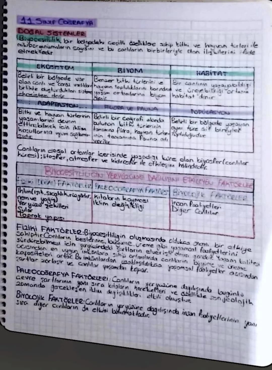 11. SINIF COĞRAFYA

DOĞAL SISTEMLER
Biypceşitlilik, bir belgedeki çeşitli dzelliklere sahip bith, ve hayvan turleri ile
mikroorganizmaların 