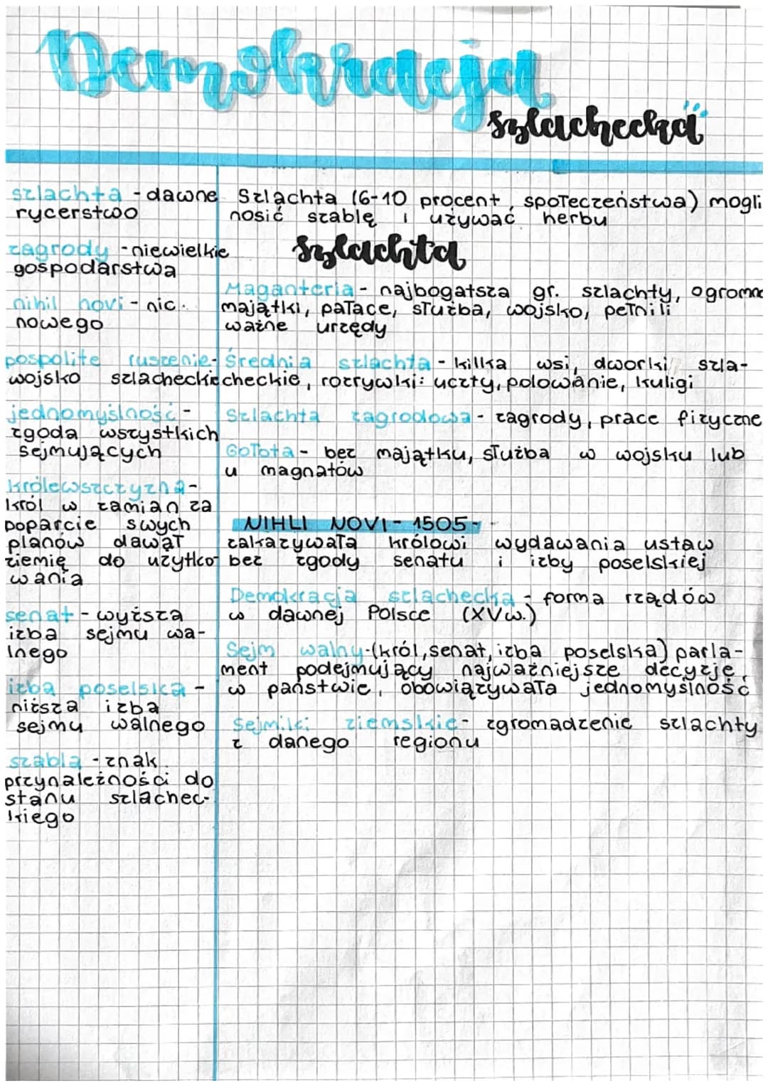 # Demokracja szlachecka

szlachta - dawne Szlachta (6-10 procent, społeczeństwa) mogli
rycerstwo nosić szable i używać herbu

zagrody - niew