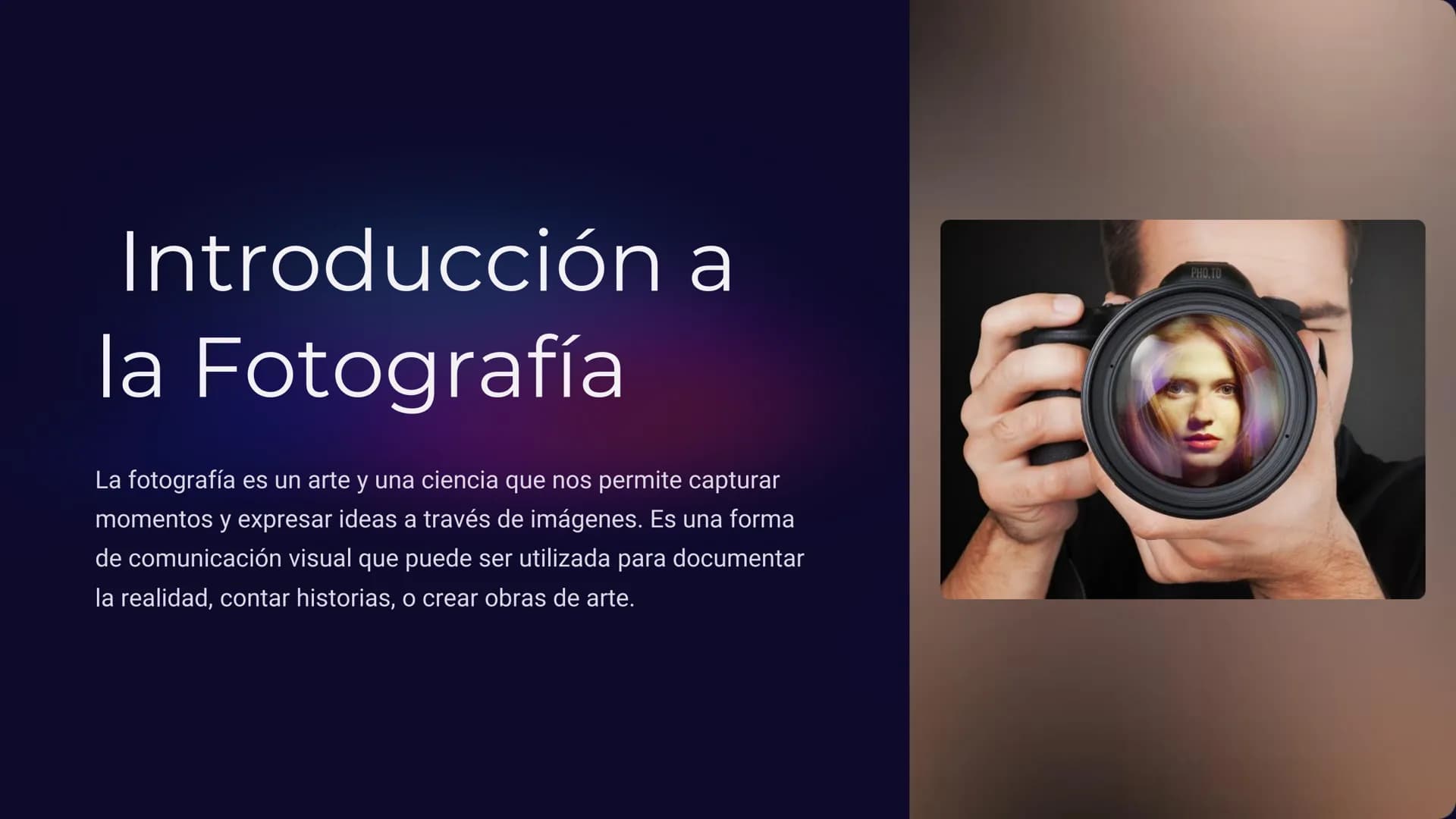 # Introducción a
la Fotografía

La fotografía es un arte y una ciencia que nos permite capturar
momentos y expresar ideas a través de imágen