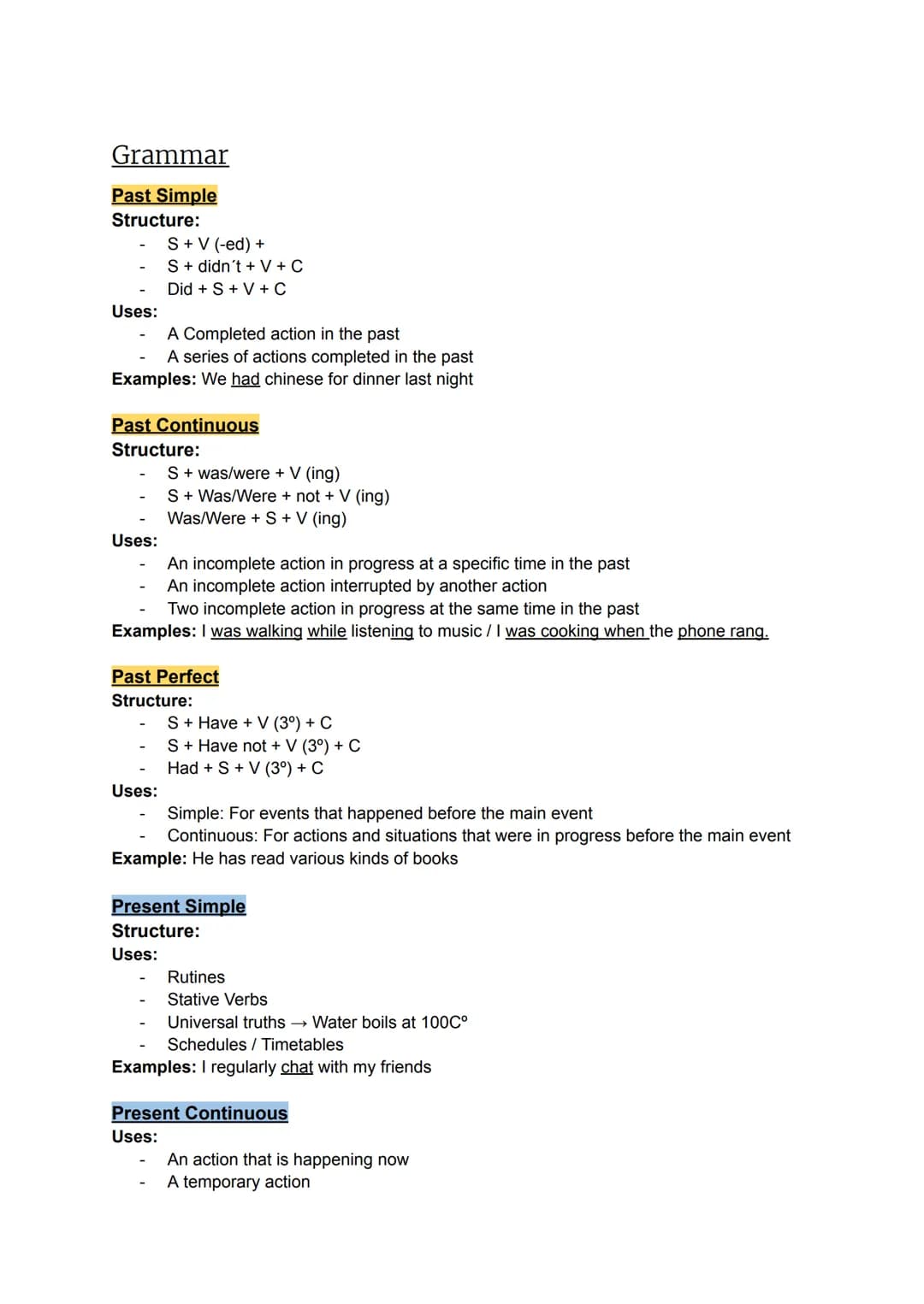 Grammar

Past Simple
Structure:
- S + V (-ed) +
- S + didn't + V+C
- Did + S + V + C
Uses:
- A Completed action in the past
- A series of ac