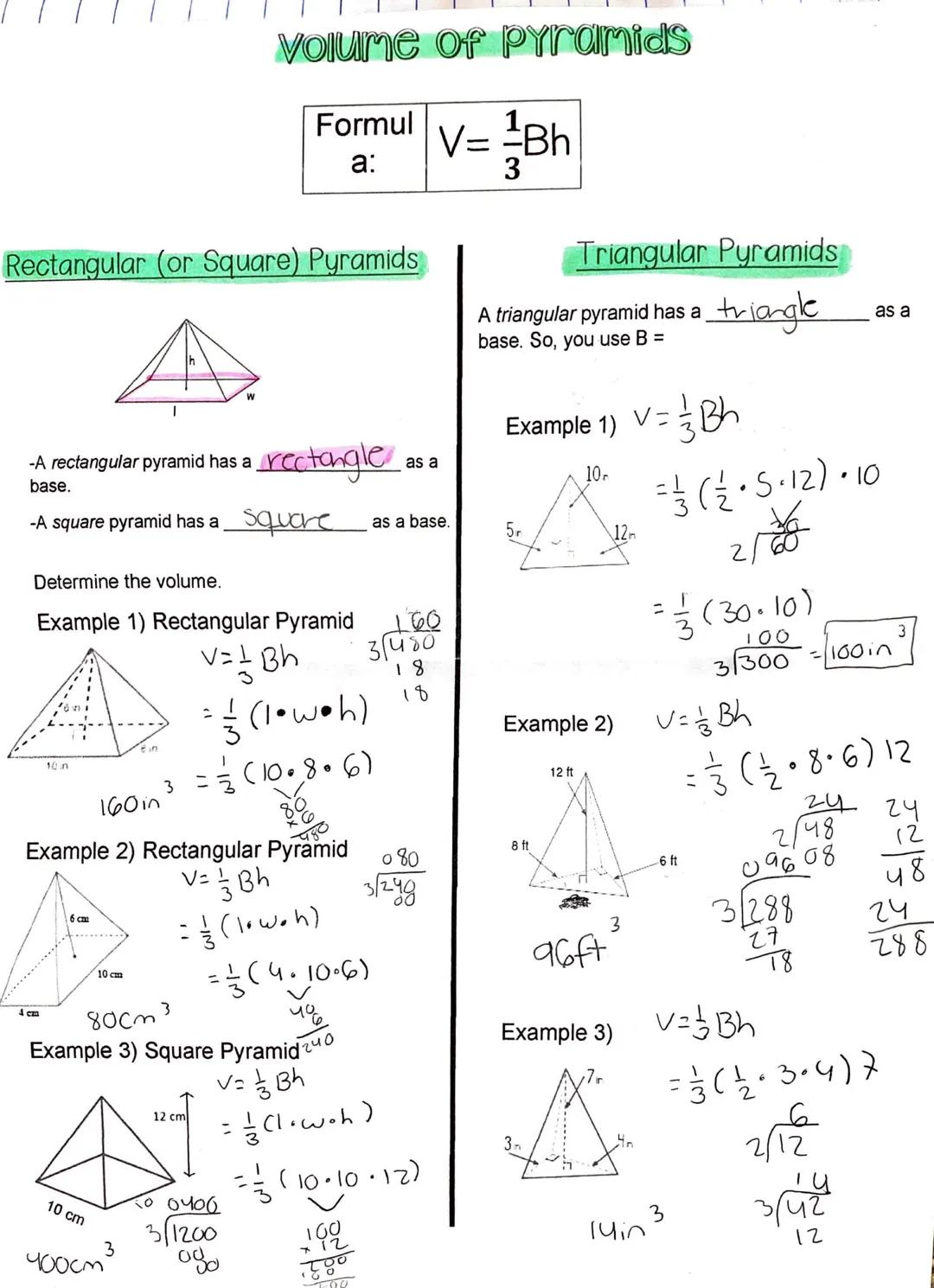 # volume of pyramids

Formul
a:
V= Bh
3

Rectangular (or Square) Pyramids

Triangular Pyramids

A triangular pyramid has a triangle as a
bas