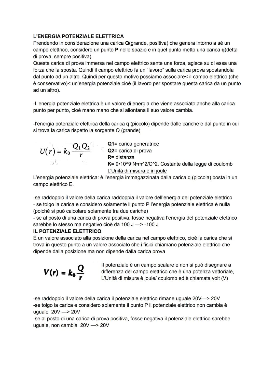 # L'ENERGIA POTENZIALE ELETTRICA

Prendendo in considerazione una carica Q(grande, positiva) che genera intorno a sé un
campo elettrico, con